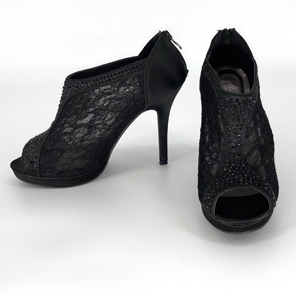 8.5 Black Lace Michelanglo Heels Peep Toe Bootie